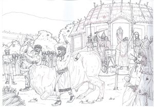 Roman Antiquity: Scene of Sacrifice of a Bull in Tribute to Jupiter Near Lake Nemi, Rome by Giorgio Albertini