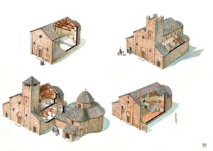 Romanesque art: description of the construction stages with sections showing the progress of the construction site and the interior of the Abbey of St. Vincent de Galliano, including the Basilica of Saint Vincent and the Baptistery by Giorgio Albertini