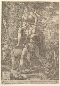 Allegory of the Hunt, a hunter holding a large spear carrying a woman Diana on his shoulder