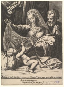 Madonna of Loreto, the Virgin Lifts a Veil Above the Child, Who Lies on a Bed and Pillow by Giorgio Ghisi