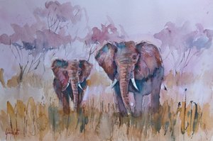 Elephants In Misty Savanna by Giorgio Gosti