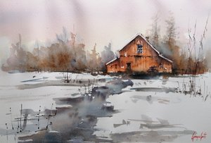 Rustic Winter Barn Stream by Giorgio Gosti