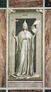 Faith, female figure holding the Cross and a scroll symbol of Revealed Truth, while destroying an idol and standing on symbols of the Kabbalah, cycle of frescoes The Vices and Virtues, after restoration, Scrovegni Chapel, Padua, Italy by Giotto (c.1266 1337)