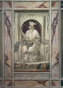 The Injustice, an old man holding a sword in his hands while before him the trees of evil grow (detail)