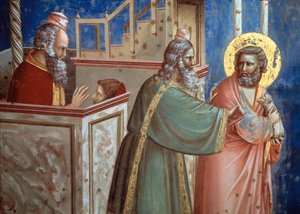 The priest rejecting Joachim came with a lamb to sacrifice him. (detail)