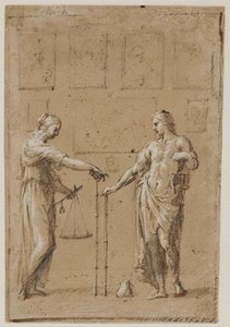 A Man and a Woman in Antique Costumes, Each with Scales and a Ruler, in Front of a Wall with Paintings. A Purse on the Floor in Front of the Man