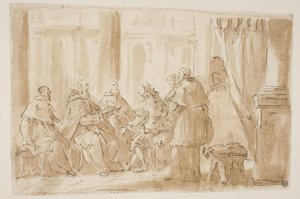 A group of five clergymen speaking with a layman