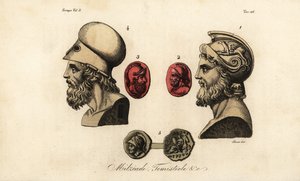 Busts and gems of Athenian politicians Miltiades the Younger, Themistocles, and King Pyrrhus I