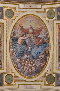 Genoa, Duomo (St Lawrence Cathedral), inside, The Lercari Chapel or The Chapel of the Blessed Sacrament (Northern apse), vault: "Coronation of the Virgin", fresco by Giovanni Battista Castello known as Bergamasco by Giovanni Battista Castello