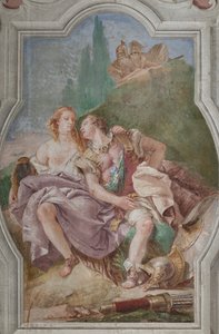 Palazzina (Small Building): view of the fourth room or of Torquato Tasso, with frescoes representing episodes of "Jerusalem Delivered": "Rinaldo and Armida in the enchanted garden, secretly observed by Ubaldo and Carlo"