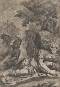 A Lion Atop a Fallen Horseman at Right, with Two Other Soldiers at Left