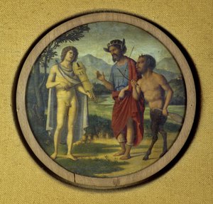 Keyboard instrument cover with illustration depicting Apollo and Marsyas by Giovanni Battista Cima da Conegliano