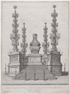 Catafalque for Pope Clement X, central structure at the top of a fifteen step platform by Giovanni Battista Falda