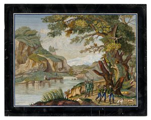 An Italian micromosaic picture of a shooting party in a river landscape by Giovanni Battista Luchini