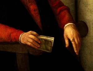Presumed portrait of Francois Rabelais, French writer and doctor. Detail of the book he holds in his hand and of the knight he carries on his finger