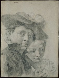 A Young Boy Wearing a Plumed Hat, and a Young Girl