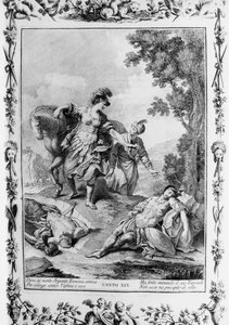 Erminia coming across wounded Tancredi, Canto XIX, Jerusalem delivered
