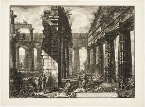Interior view of the remains of one of the pronaoi of the Temple of Neptune which faces inland, from Different views of Paestum by Giovanni Battista Piranesi