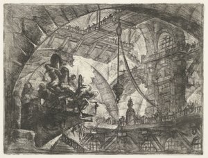 Dungeon with Prisoners on Protruding Platform (series title: Dungeons) (series title: Invenzioni Capric di Carceri all Acqua Forte) by Giovanni Battista Piranesi