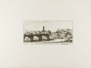 Senatorial Bridge, Today called the Ponte Rotto (Broken Bridge). Temple of Vesta. Temple of Fortuna Virilis. Part of the ancient Palatine, plate 14 from Some Views of Triumphal Arches and other Monuments by Giovanni Battista Piranesi