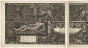 Title Page with Sculptures, Carved Reliefs, and a Sarcophagus with Title Vases, Candelabras, Tombstones, Sarcophagi, Tripods, Lamps, and Ornaments Designed and Engraved by Giovanni Battista Piranesi (series title) by Giovanni Battista Piranesi