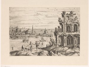 Cityscape with Ruins and Fantasy Architecture by the Water by Giovanni Battista Pittoni (I)