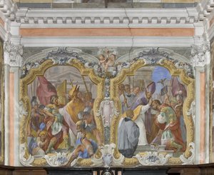Saint Ambrose banishing the Emperor Theodosius from the Temple and The penitence and blessing of Theodosius by Giovanni Battista Pozzo