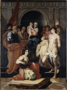 Madonna in throne has the child and saints