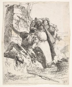 A Scene of Necromancy: A Woman Bearing a Vessel, a Turbaned Man, and a Soldier Look by Giovanni Battista Tiepolo