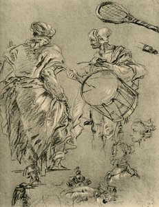 Man seen from behind, a drummer and small studies