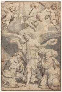 An Angel Crowns a Kneeling Woman and a Kneeling Soldier, While Two Angels in the Clouds Fly with Palm Branches and a Third Plays the Organ