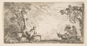 A Satyr Reclining at the Foot of a Statue of Priapus, Goats at the Right by Giovanni Benedetto Castiglione