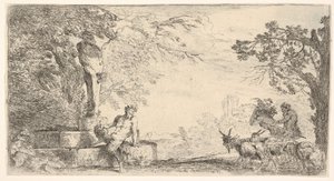 A Satyr Reclining at the Foot of a Statue of Priapus, Goats at the Right by Giovanni Benedetto Castiglione