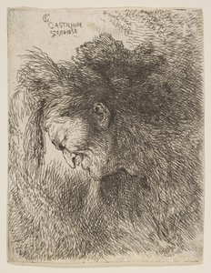 Head of an old man looking down, facing Left, from the series of Small Heads, ca. 1645-1650 by Giovanni Benedetto Castiglione