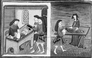 Decameron, Guasparruolo lends money to Gulfardo; Gulfardo gives the money to Ambrogia. Eighth day, story 1 by Giovanni Boccaccio
