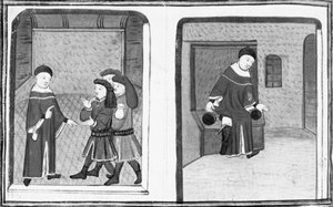 Decameron, Simone da Villa talks with Bruno and Buffalmacco; the master falls into a latrine. Eighth day, story 9