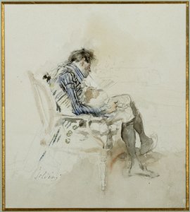 Gentleman Seated in an Armchair Reading a Book and Smoking a Pipe by Giovanni Boldini