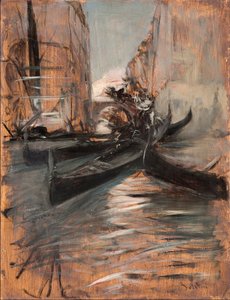 View of a canal in Venice with gondolas by Giovanni Boldini