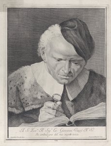Man in a hat reading a book with a magnifying glass, 1743
