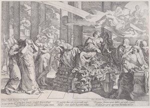 The suicide of Dido who reclines on a pyre in centre, surrounded by many figures by Giovanni Cesare Testa