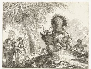 Mary with Child Supported by Angel and Joseph Leading Donkey Past Shepherd with Sheep (Flight into Egypt)