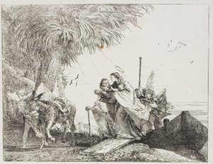 Mary, Helped by Joseph and an Angel, Stepping Out of the Boat, plate eighteen from The Flight into Egypt by Giovanni Domenico Tiepolo