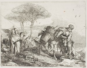 Mary, Helped by Two Angels, Follows Joseph with the Donkey (plate 25 from The Flight into Egypt) by Giovanni Domenico Tiepolo