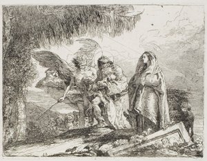 Mary and Joseph, Holding the Child, are Escorted by an Angel, plate twelve from The Flight into Egypt by Giovanni Domenico Tiepolo