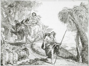 The Holy Family Descending a Forest Path, Near a Flock and Some Shepherds by Giovanni Domenico Tiepolo