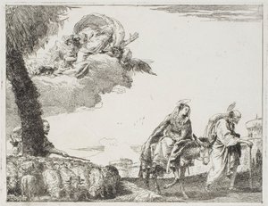 The Holy Family Walking Along a City Wall. On the left, a Shepherd with his Flock and God the Father, plate eight from The Flight into Egypt by Giovanni Domenico Tiepolo
