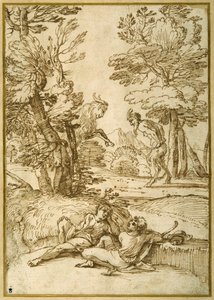A landscape with two shepherds lads resting, while a satyr and a goat dance
