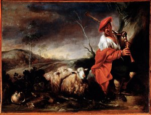 Shepherd Playing Bagpipes with His Sheep