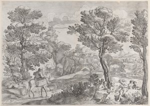 A Group of People Playing Cards at Right and a Man on Horseback at Left
