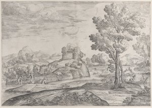 A House Atop a Round Rock at Center, People in the River and in Canoes by Giovanni Francesco Grimaldi